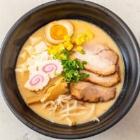 Miso Ramen  · Miso soup, ramen with chashu pork belly, marinated soft boiled egg, bamboo shoot, corn, bean...