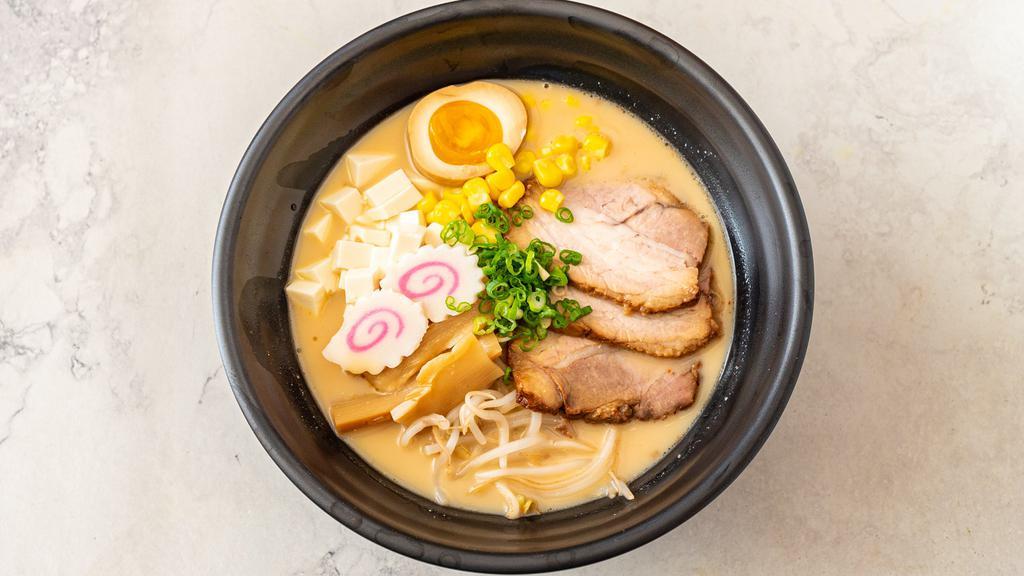Miso Ramen  · Miso soup, ramen with chashu pork belly, marinated soft boiled egg, bamboo shoot, corn, bean sprouts and scallion.