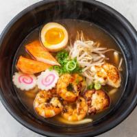 Seafood Udon · Udon with shrimp, scallop, crabmeat, fish cake, marinated soft boiled egg, bean sprouts and ...