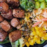 Steak Bowl · 5oz New York Steak, quinoa &  white rice,，top with mix spring, avocado, kani salad, seaweed ...