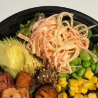 Salmon Bowl · Salmon, quinoa &  white rice, top with mix spring, avocado, kani salad, seaweed salad, edama...