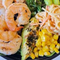 Shrimp Bowl · 5pcs jumbo srimp, quinoa &  white rice, top with mix spring, avocado, kani salad, seaweed sa...