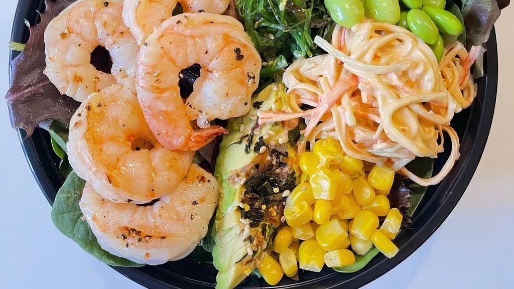 Shrimp Bowl · 5pcs jumbo srimp, quinoa &  white rice, top with mix spring, avocado, kani salad, seaweed salad, edamame, sweet corn, cucumber and sesame seed.