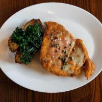 Chicken Scallopini · chicken herbed breadcrumbs, lemon vinaigrette, roasted garlic potatoes, broccolini.
