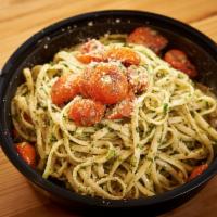 Linguine Pesto · tossed in basil pesto with oven dried tomato & Parmigiano-Reggiano