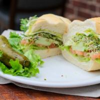 Veggie Special Sandwich · Swiss, avocado, lettuce, tomato, sprouts, cucumber, mayo on a French roll.