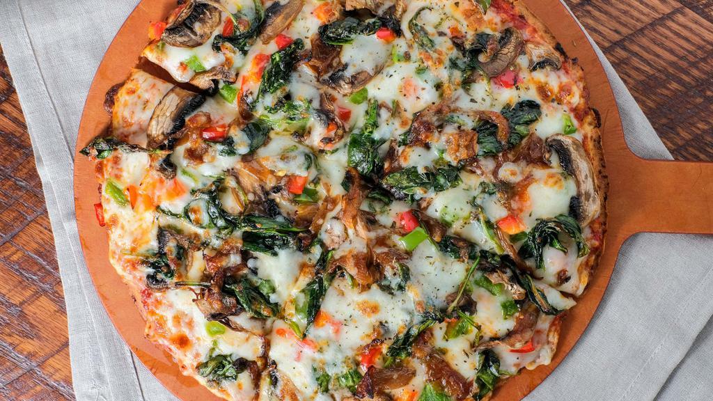 Ward Circle Pizza · Baby spinach, mushrooms, caramelized onions, bell pepper, mozzarella cheese and red sauce.