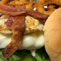 Four Square Burger · Our specialty burger! Topped with bacon, egg, lettuce, tomato, onion, and pickle. Comes with...