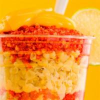 Esquite With Hot Cheeto · Corn with cheese lime mayo and chili pepper.