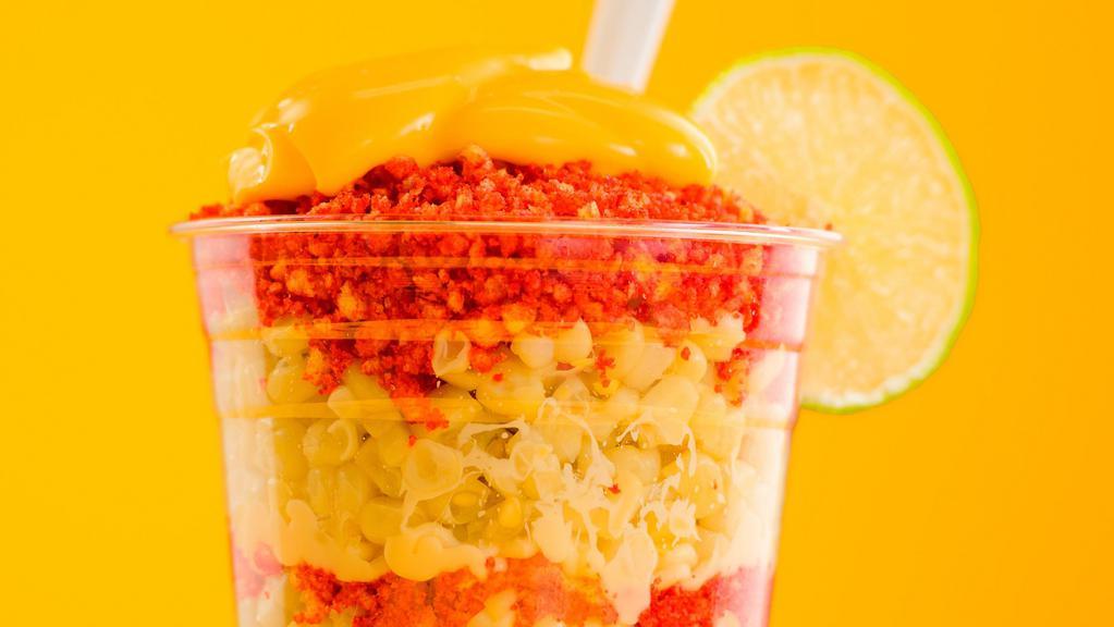 Esquite With Hot Cheeto · Corn with cheese lime mayo and chili pepper.