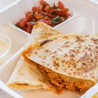 Quesadilla · Cooked tortilla that is filled with cheese and folded in 1/2. choose a meat.