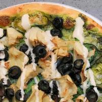 Artichoke Pizza 12” · Pesto sauce(Nut Free), vegan cheese topped with artichokes, olives & spinach drizzled with o...