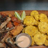 Picadera · Bistec, pollo, cerdo, chorizo, and tostones o papas fritas. / Steak, chicken, pork, Mexican ...