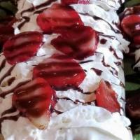 Chocolate Strawberry Sundae Crêpe · Chocolate ice cream, sliced strawberries & homemade hot fudge topped with whipped cream & mi...