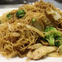 Hanoi Noodles · Stir-fried egg noodles, mixed vegetables, onion, and w/choice of:  Chicken/Beef/Pork/Tofu. A...