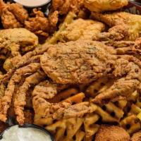 Fried Seafood Platter · Two pieces of each: fish, scallops, shrimp, crab sticks.