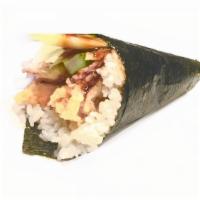Salmon Skin Roll · Cooked maki. With cucumber. Picture is Hand Roll.