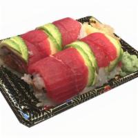 Red Dragon Roll · Spicy tuna, crunch inside, tuna and avocado on top.