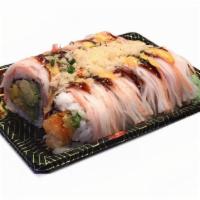 Julia Roll · Oversized. Salmon tempura, mango and avocado inside, topped with kani and crunch. Served wit...