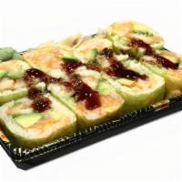 Green Jade Roll · Oversize. Spicy scallop, shrimp tempura, avocado and cucumber in soy bean wrap.