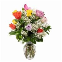 1 Dozen Mix Color Roses Vase · 12 Stem mix color roses with baby's breath & greens