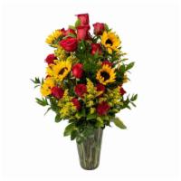Romance Delight  · 2 dozen premium long stem roses
6 Sunflowers
Greens & Solidagos