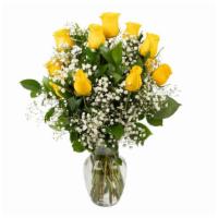 1 Dozen Yellow Roses Vase · 12 Stems Yellow Roses with baby's breath & greens