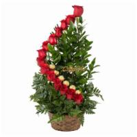 Red Spiral Basket Arrangement  · Premium long stem red roses with ferro chocolates