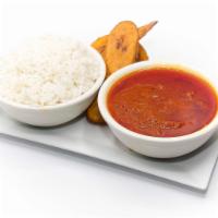 Rice And Stew Entree · Delicious steamed rice with stew & plantains.
