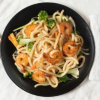 Shrimp Udon Noodles · Stir fried udon noodles with shrimp and assorted vegetables.