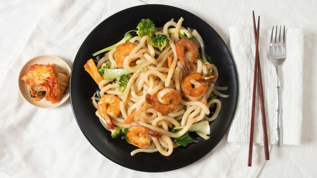 Shrimp Udon Noodles · Stir fried udon noodles with shrimp and assorted vegetables.