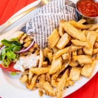 Chicken Gyro Or Pork Gyro Taverna Platters · Chicken or Pork gyro meat served on an open-faced pita with tomatoes, onions & tzatziki on t...