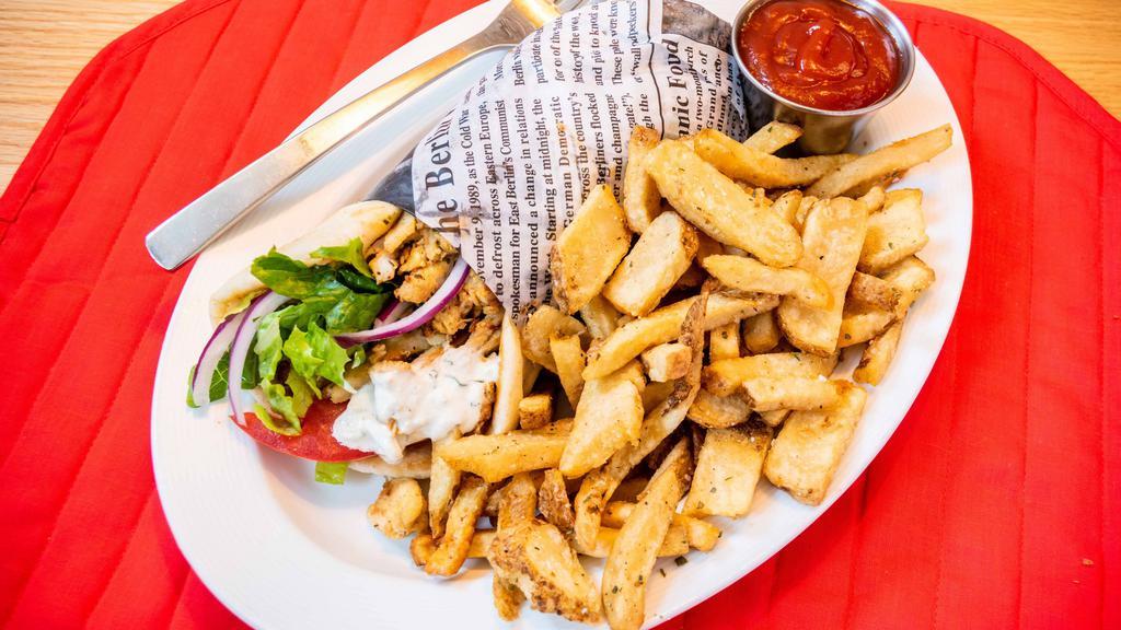 Chicken Gyro Or Pork Gyro Taverna Platters · Chicken or Pork gyro meat served on an open-faced pita with tomatoes, onions & tzatziki on the side to build your perfect gyro sandwich. Served with house cut fries and Athenian slaw