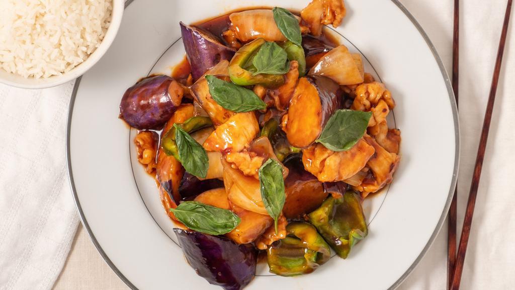 Spicy Basil Eggplant · Chinese eggplant, bell peppers, onions and fresh basil leaves in a spicy basil sauce. Spicy.
