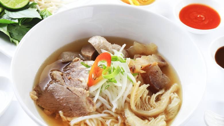  Beef Noodle Soup With Special Beef Combination / Phở Đặc Biệt · Round steak, brisket, meatballs, tendon, flank and tripe