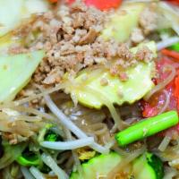 Vegetable Pad Thai · Stir-fried flat rice noodle with mixed vegetables, egg, bean sprouts  with ground peanuts.