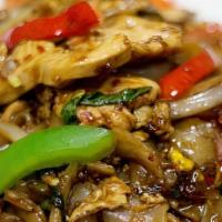 Drunken Noodles · Wide rice noodle stir-fried with egg and green vegetable in hot basil sauce.