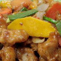 Chicken Paradise · Chicken pieces fried until crispy stir fired with pineapple, bell peppers, carrot, onion in ...