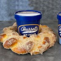 Ultimate Dessert 1 · Jumbo Cinnamon coated braid with 2 pints of Bassetts Ice Cream and 3, 2 ounce toppin cups( A...