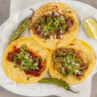 Tacos · Con cilantro, cebolla y carne al gusto. Bistec, pollo, lengua, birria, camarón y pescado. / ...