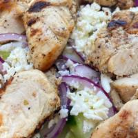 Grilled Chicken Kabob · With grilled chicken, lettuce, tomato, cucumber, onions, green peppers, olives and carrots a...