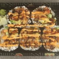 Crazy Roll · Shrimp tempura, cucumber, avocado, spicy mayo, scallion and eel sauce.