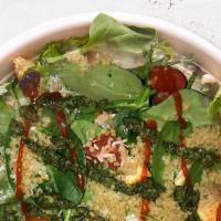 Spicy Chicken Pesto Bowl (Dd) · quinoa, baby spinach, all natural chicken, spicy broccoli, grape tomatoes, shaved parmesan, ...