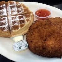 Chicken & Waffle · Two pieces of deep fried marinated panko breaded boneless chicken breast and waffle, powder ...