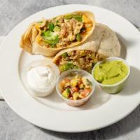 Burrito, Breakfast · All in one breakfast. A large sandwich consisting choice of breakfast meat, four eggs, onion...