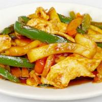 Mango Chicken 🌶 · 芒果雞 — 🇲🇾 Chicken stir-fried with julienned mango and green & red peppers, in a spicy sweet...