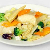 Fish Fillets With Vegetables · 時菜魚球 — Lightly breaded fish fillets with vegetables.
