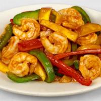 Mango Shrimp 🌶 · 芒果蝦 — 🇲🇾 Shrimp stir-fried with julienned mango and green & red peppers, in a spicy sweet-...