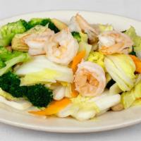 Shrimp With Mixed Vegetables (Steamed) · 時菜蝦球 — Steamed, not fried. Available with choice of sauce, on the side ($1.25) - black bean,...