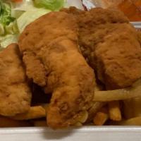 Chicken Finger Plate · Four pieces of tender chicken. Served with fries and salad.